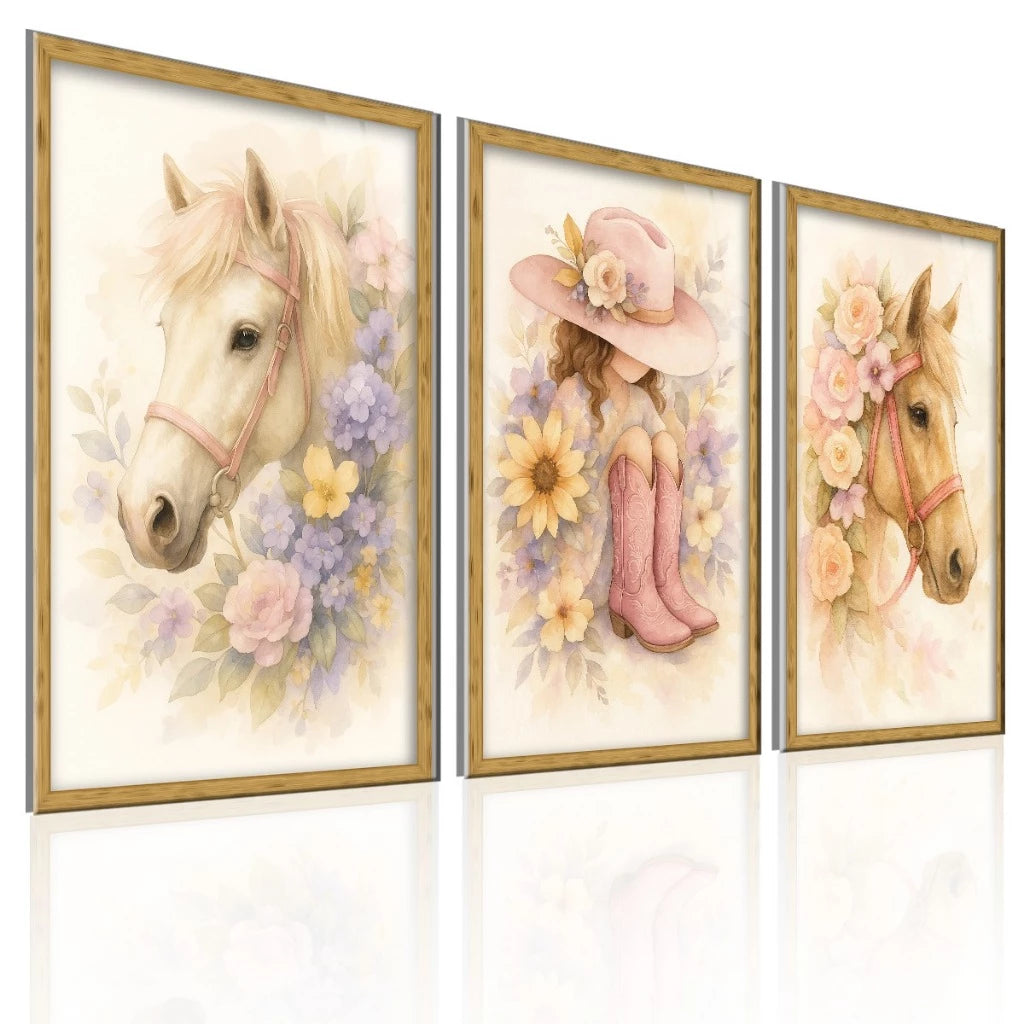 Kit 3 Quadros Decorativos Infantil Menina Cavalo Flores NOXHome | Impressão 4K MDF Premium – Quarto e Sala