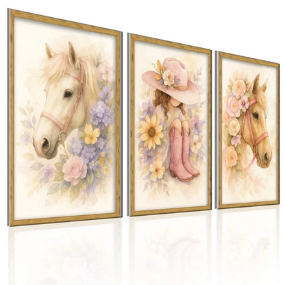 Kit 3 Quadros Decorativos Infantil Menina Cavalo Flores NOXHome | Impressão 4K MDF Premium – Quarto e Sala