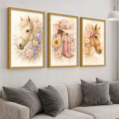 Kit 3 Quadros Decorativos Infantil Menina Cavalo Flores NOXHome | Impressão 4K MDF Premium – Quarto e Sala