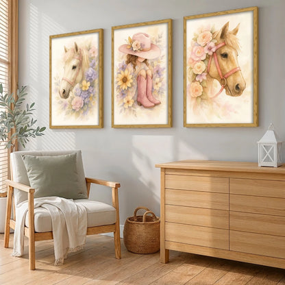 Kit 3 Quadros Decorativos Infantil Menina Cavalo Flores NOXHome | Impressão 4K MDF Premium – Quarto e Sala