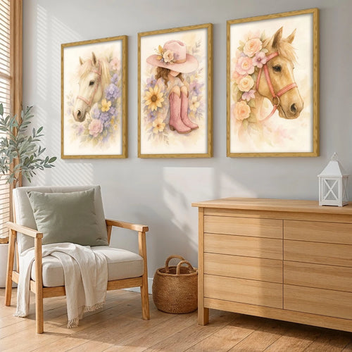 Kit 3 Quadros Decorativos Infantil Menina Cavalo Flores NOXHome | Impressão 4K MDF Premium – Quarto e Sala