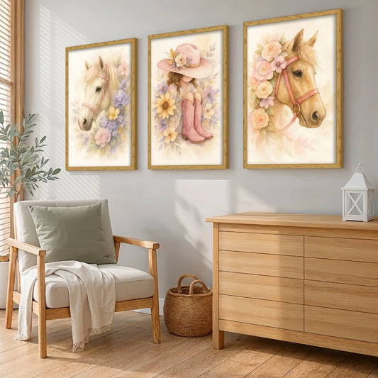 Kit 3 Quadros Decorativos Infantil Menina Cavalo Flores NOXHome | Impressão 4K MDF Premium – Quarto e Sala