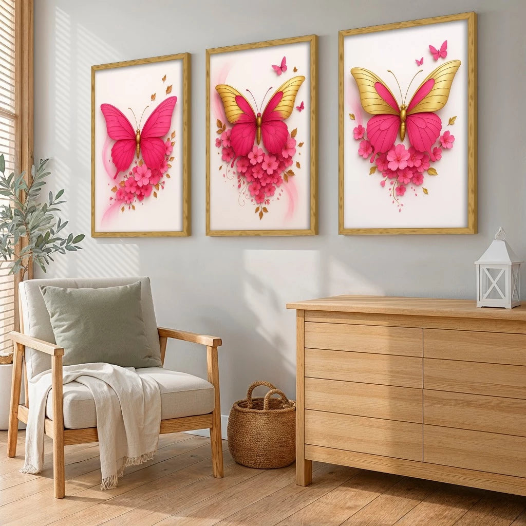 Trio Quadros Decorativos Borboletas Rosas Sala e Quarto NOXHome