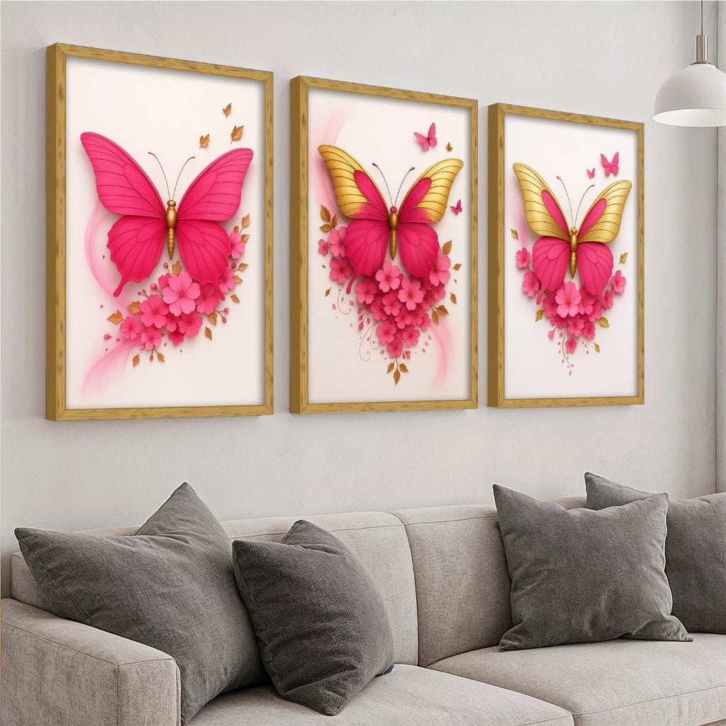 Trio Quadros Decorativos Borboletas Rosas Sala e Quarto NOXHome
