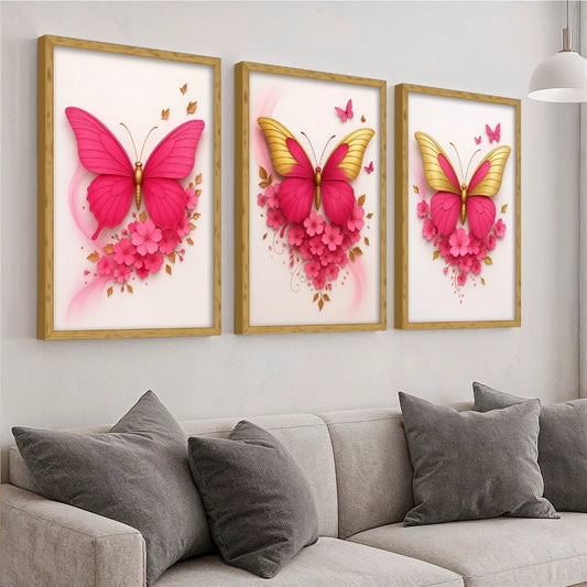 Trio Quadros Decorativos Borboletas Rosas Sala e Quarto NOXHome