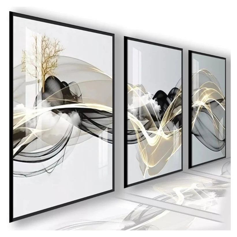 Kit 3 Quadros Decorativos Abstrato Gold NOXHome | Impressão 4K em MDF Premium – Sala e Quarto