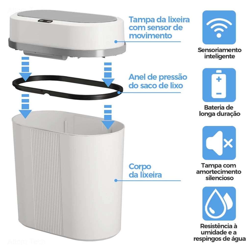 Lixeira Automática Sensor Inteligente NOXHome | Abertura Sem Toque IPX5 12L – Cozinha e Banheiro