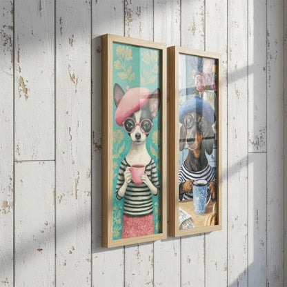 Kit 2 Quadros Verticais Cachorros Estilosos com Café 18x45 cm com Moldura e Vidro — visualização 3
