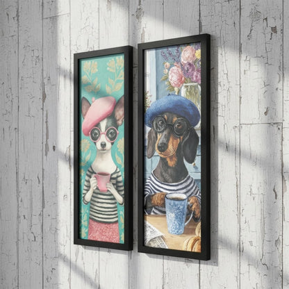 Kit 2 Quadros Verticais Cachorros Estilosos com Café 18x45 cm com Moldura e Vidro — composição principal