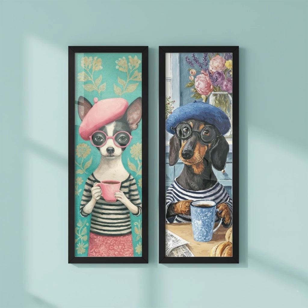 Kit 2 Quadros Verticais Cachorros Estilosos com Café 18x45 cm com Moldura e Vidro — visualização 2