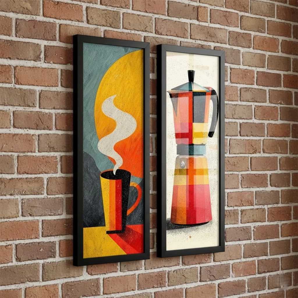 Kit 2 Quadros Verticais Café e Cafeteira Geométricos 18x45 cm com Moldura e Vidro — composição principal