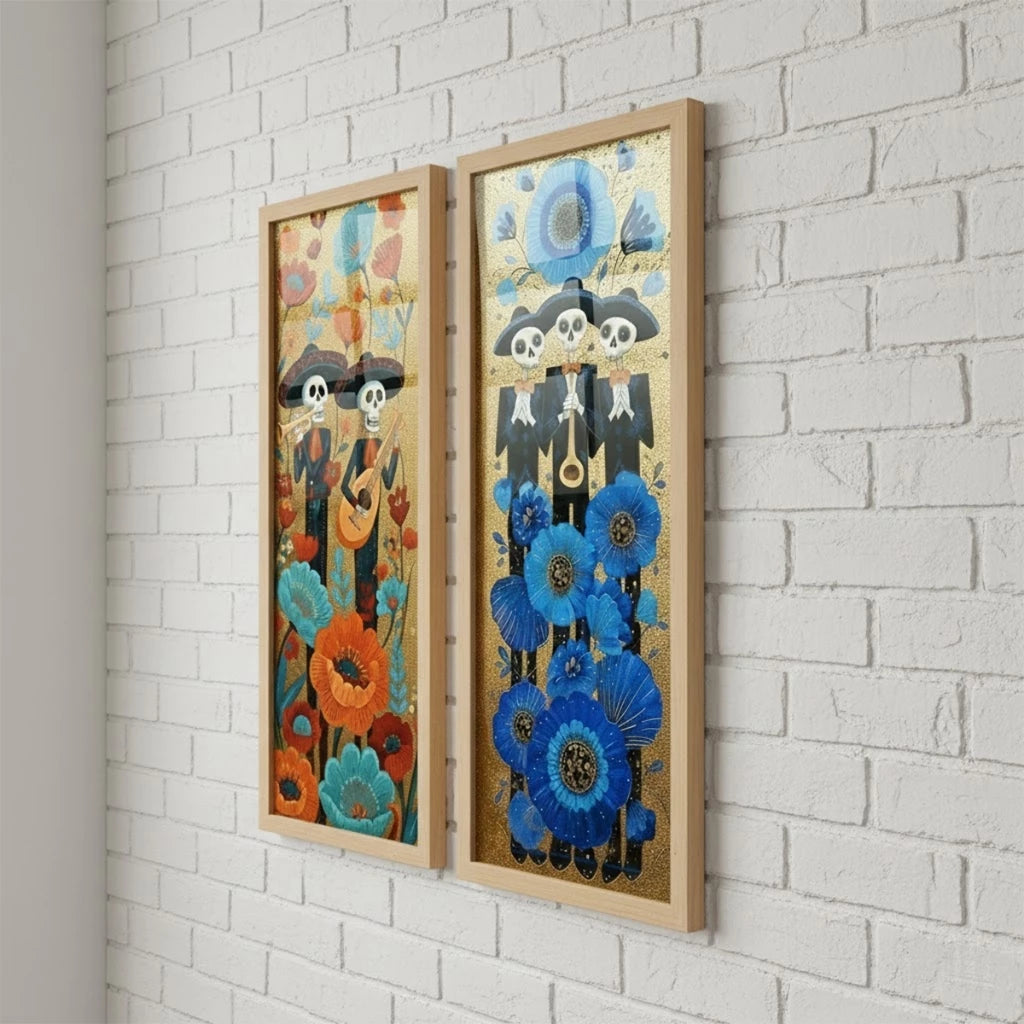 Kit 2 Quadros Verticais Caveiras Mexicanas Florais 18x45 cm com Moldura e Vidro — visualização 3
