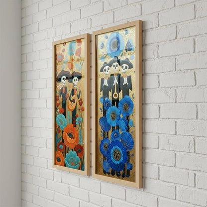 Kit 2 Quadros Verticais Caveiras Mexicanas Florais 18x45 cm com Moldura e Vidro — visualização 3