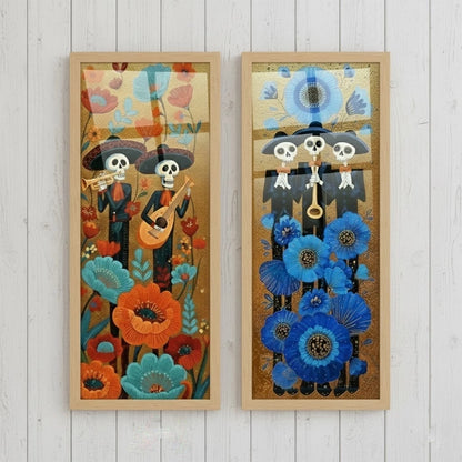 Kit 2 Quadros Verticais Caveiras Mexicanas Florais 18x45 cm com Moldura e Vidro — visualização 4