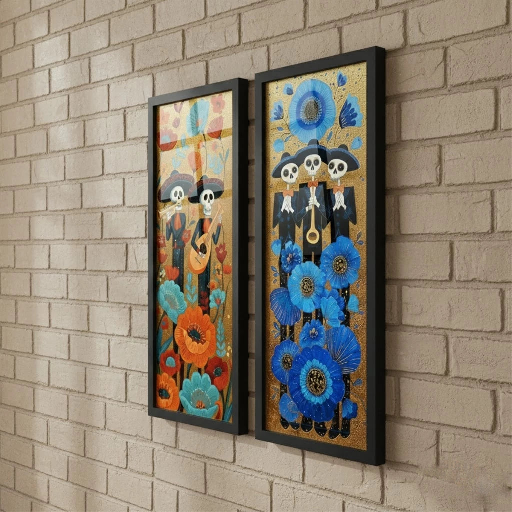 Kit 2 Quadros Verticais Caveiras Mexicanas Florais 18x45 cm com Moldura e Vidro — composição principal