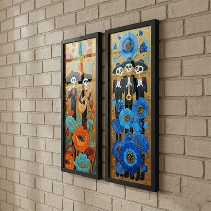 Kit 2 Quadros Verticais Caveiras Mexicanas Florais 18x45 cm com Moldura e Vidro — composição principal