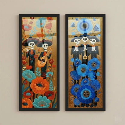 Kit 2 Quadros Verticais Caveiras Mexicanas Florais 18x45 cm com Moldura e Vidro — visualização 2