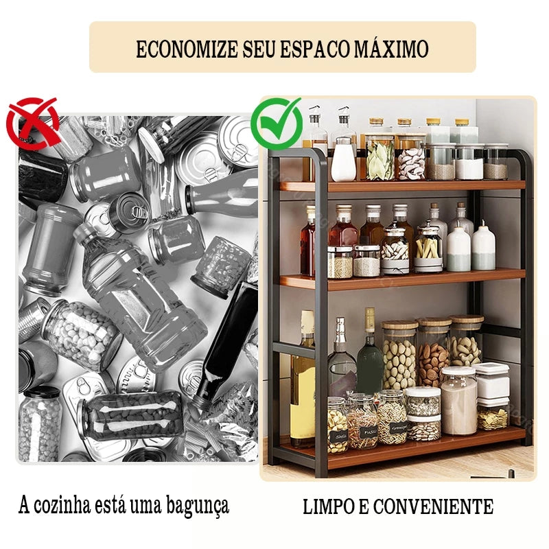 Prateleira Organizadora de Cozinha NOXHome | Aço Antiferrugem com Madeira – 3 Andares