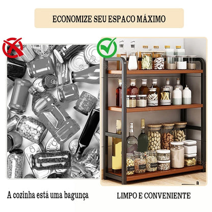 Prateleira Organizadora de Cozinha NOXHome | Aço Antiferrugem com Madeira – 3 Andares