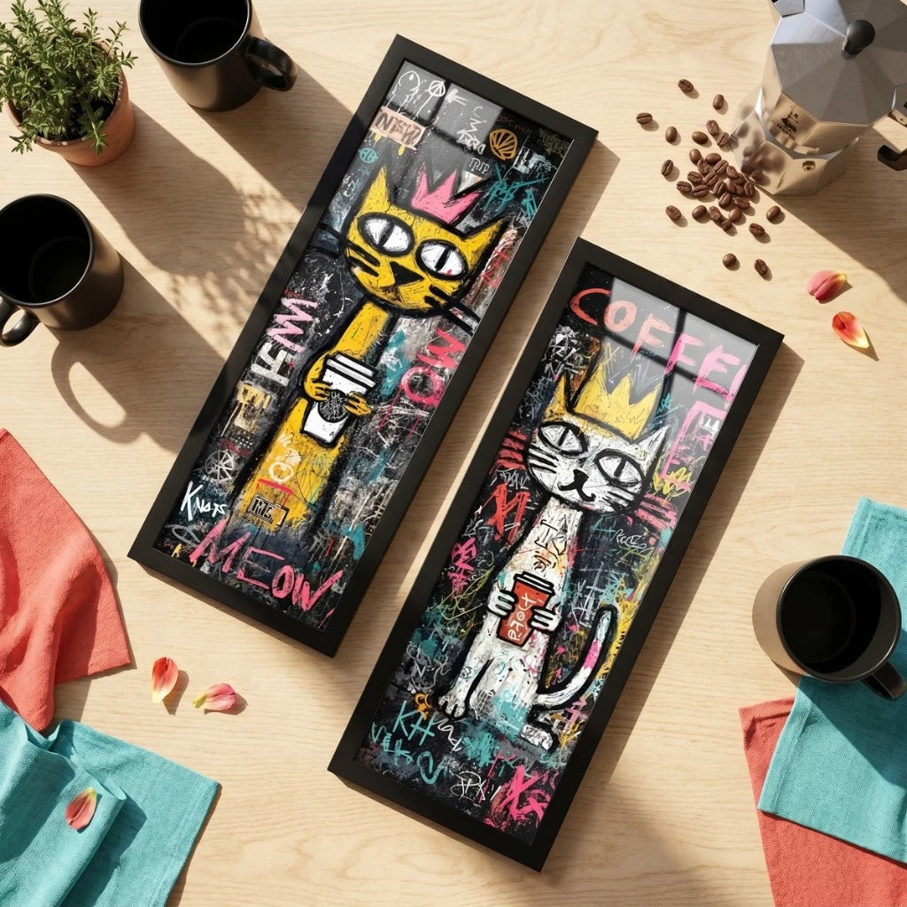 Kit 2 Quadros Verticais Gato com Café Arte Urbana 18x45 cm com Moldura e Vidro — composição principal
