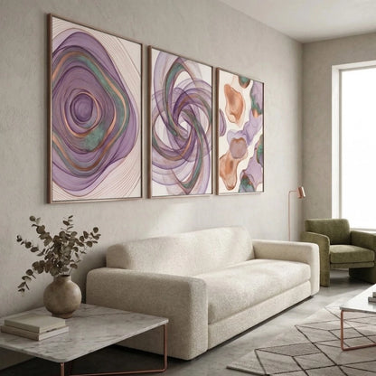 Trio Quadros Decorativos Abstrato Fluido Lilás Esmeralda Cobre NOXHome