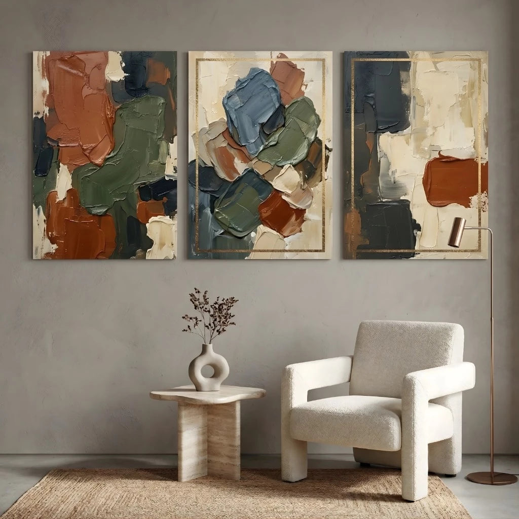 Kit 3 Quadros Decorativos Abstrato Sala e Quarto Tons Terrosos Moldura Dourada NOXHome