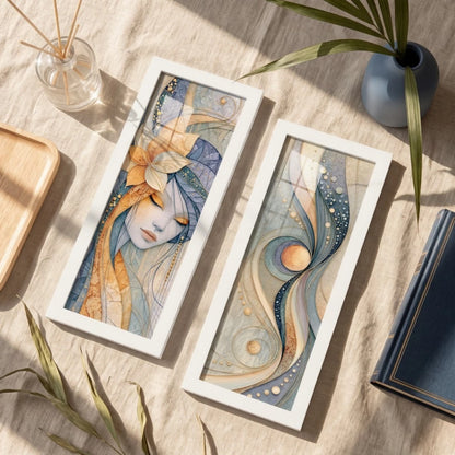 Kit 2 Quadros Verticais Mulher Abstrata Floral 18x45 cm com Moldura e Vidro — composição principal