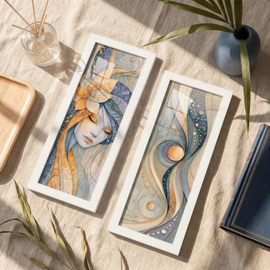 Kit 2 Quadros Verticais Mulher Abstrata Floral 18x45 cm com Moldura e Vidro — composição principal