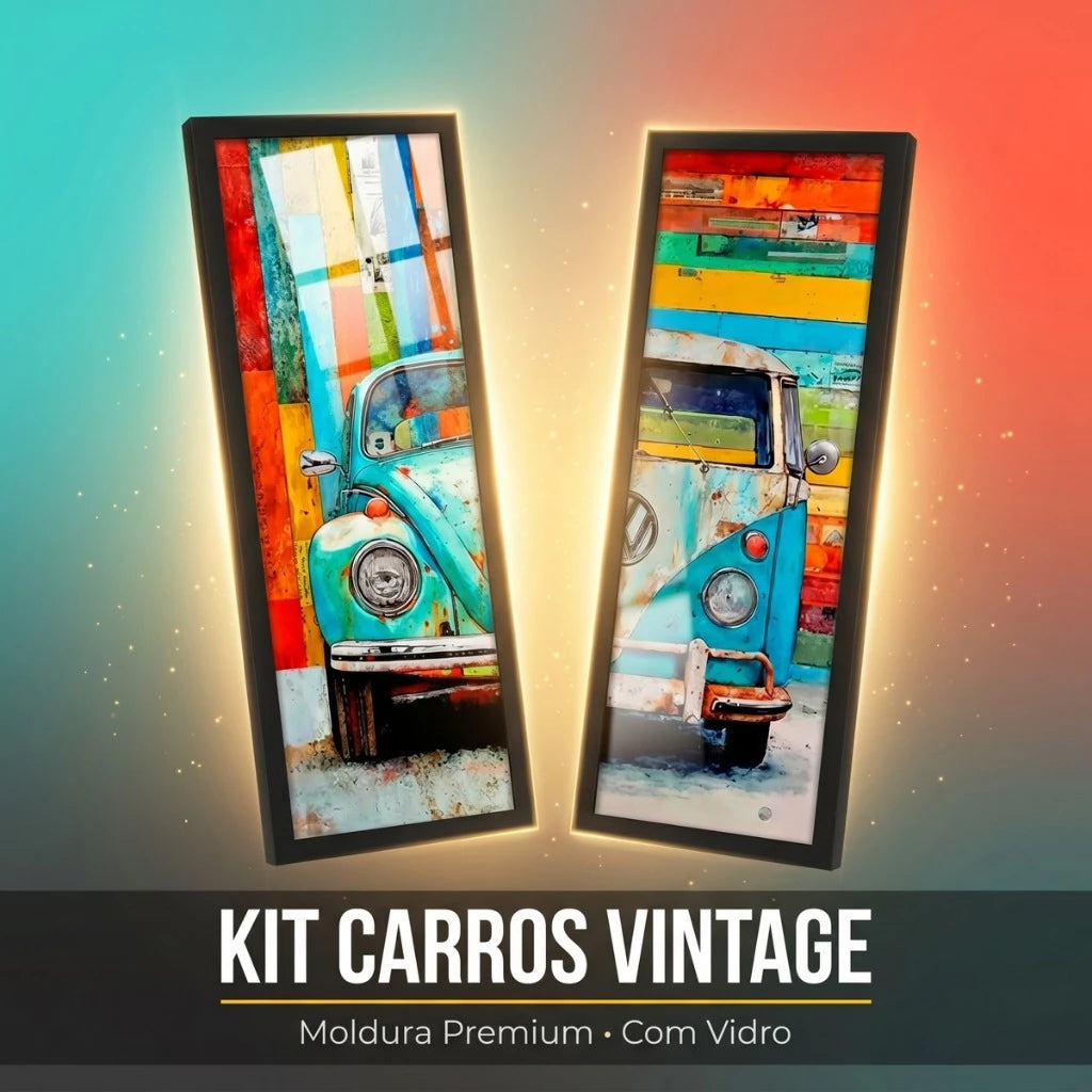 Kit 2 Quadros Verticais Fusca e Kombi Vintage 18x45 cm com Moldura e Vidro — visualização 2