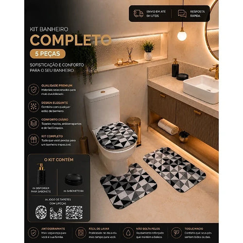 Kit Banheiro Completo NOXHome | 3 Tapetes Antiderrapantes + Saboneteira + Porta Sabonete Líquido – 5 Peças
