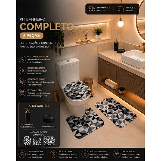 Kit Banheiro Completo NOXHome | 3 Tapetes Antiderrapantes + Saboneteira + Porta Sabonete Líquido – 5 Peças