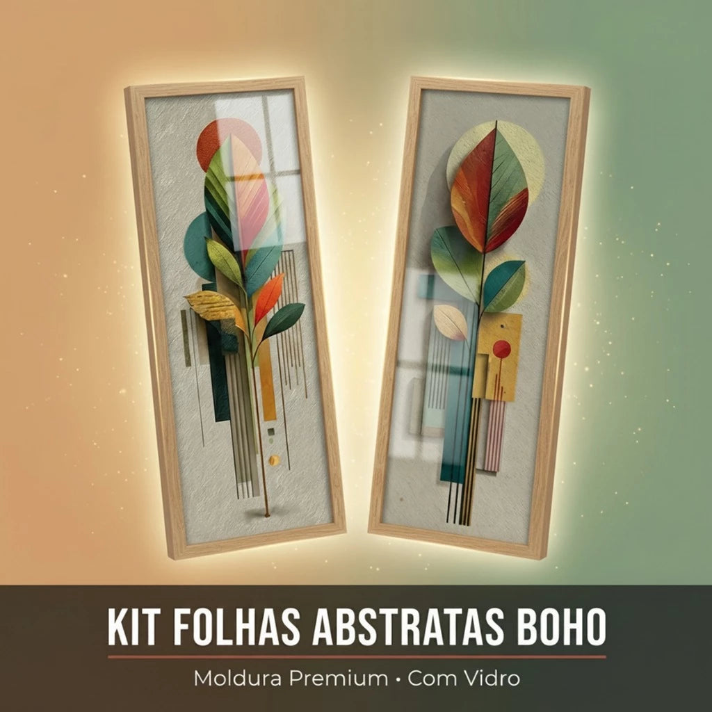 Kit 2 Quadros Verticais Folhas Abstratas Boho Neutras 18x45 cm com Moldura e Vidro — visualização 2