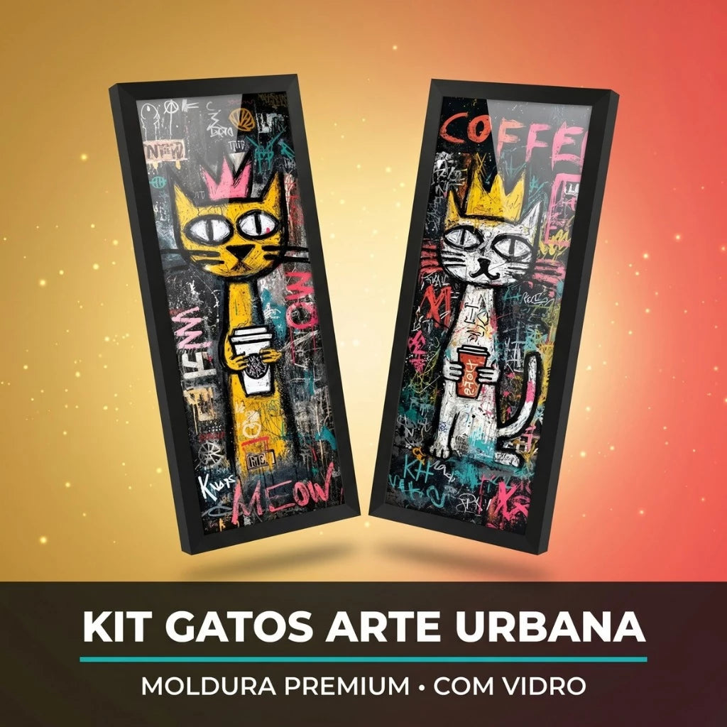Kit 2 Quadros Verticais Gato com Café Arte Urbana 18x45 cm com Moldura e Vidro — visualização 2