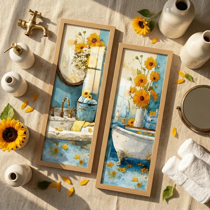 Kit 2 Quadros Verticais Girassóis Vintage no Banheiro 18x45 cm com Moldura e Vidro — composição principal