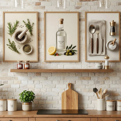 Trio Quadros Decorativos Cozinha Fotográfico Ervas e Azeite NOXHome