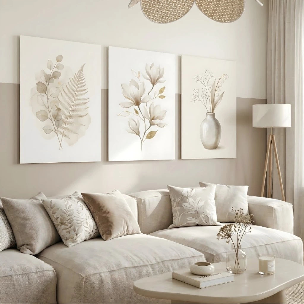 Trio de Quadros Decorativos Minimalista Japandi Floral — visualização 2