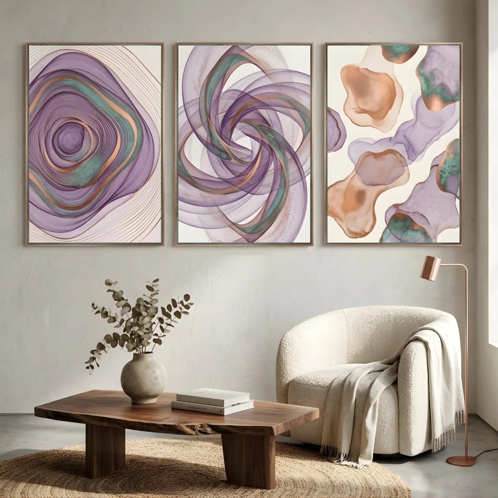 Trio Quadros Decorativos Abstrato Fluido Lilás Esmeralda Cobre NOXHome