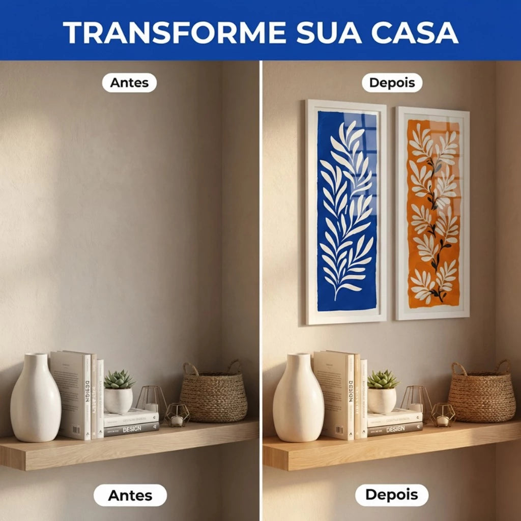 Kit 2 Quadros Verticais Folhagem Azul e Terracota 18x45 cm com Moldura e Vidro — visualização 3