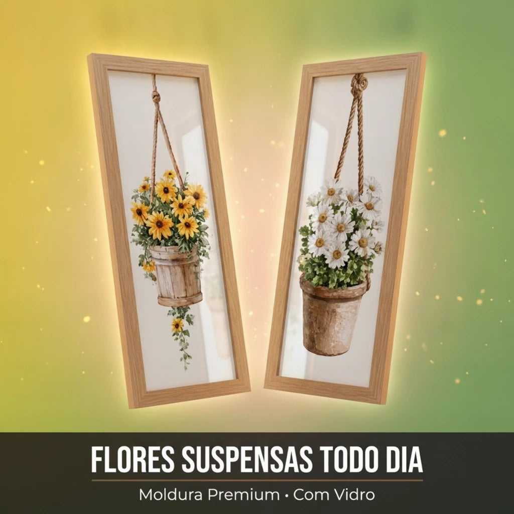 Kit 2 Quadros Verticais Flores em Aquarela 18x45 cm com Moldura e Vidro — visualização 2