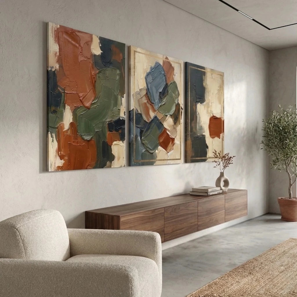 Kit 3 Quadros Decorativos Abstrato Sala e Quarto Tons Terrosos Moldura Dourada NOXHome