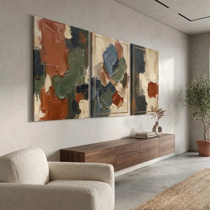 Kit 3 Quadros Decorativos Abstrato Sala e Quarto Tons Terrosos Moldura Dourada NOXHome