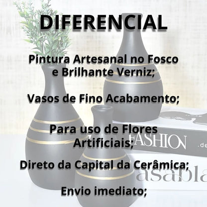 Kit Trio de Jarros Decorativos NOXHome | Cerâmica Artesanal Fosco – Sala, Rack e Aparador