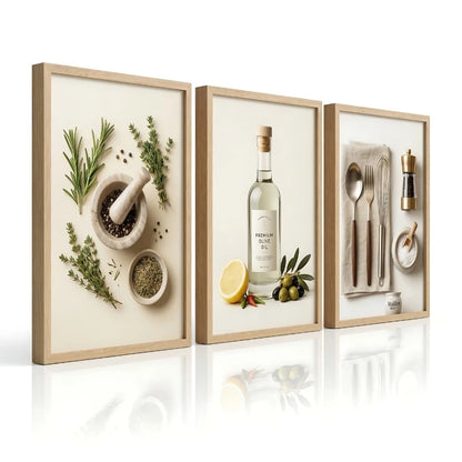 Trio Quadros Decorativos Cozinha Fotográfico Ervas e Azeite NOXHome