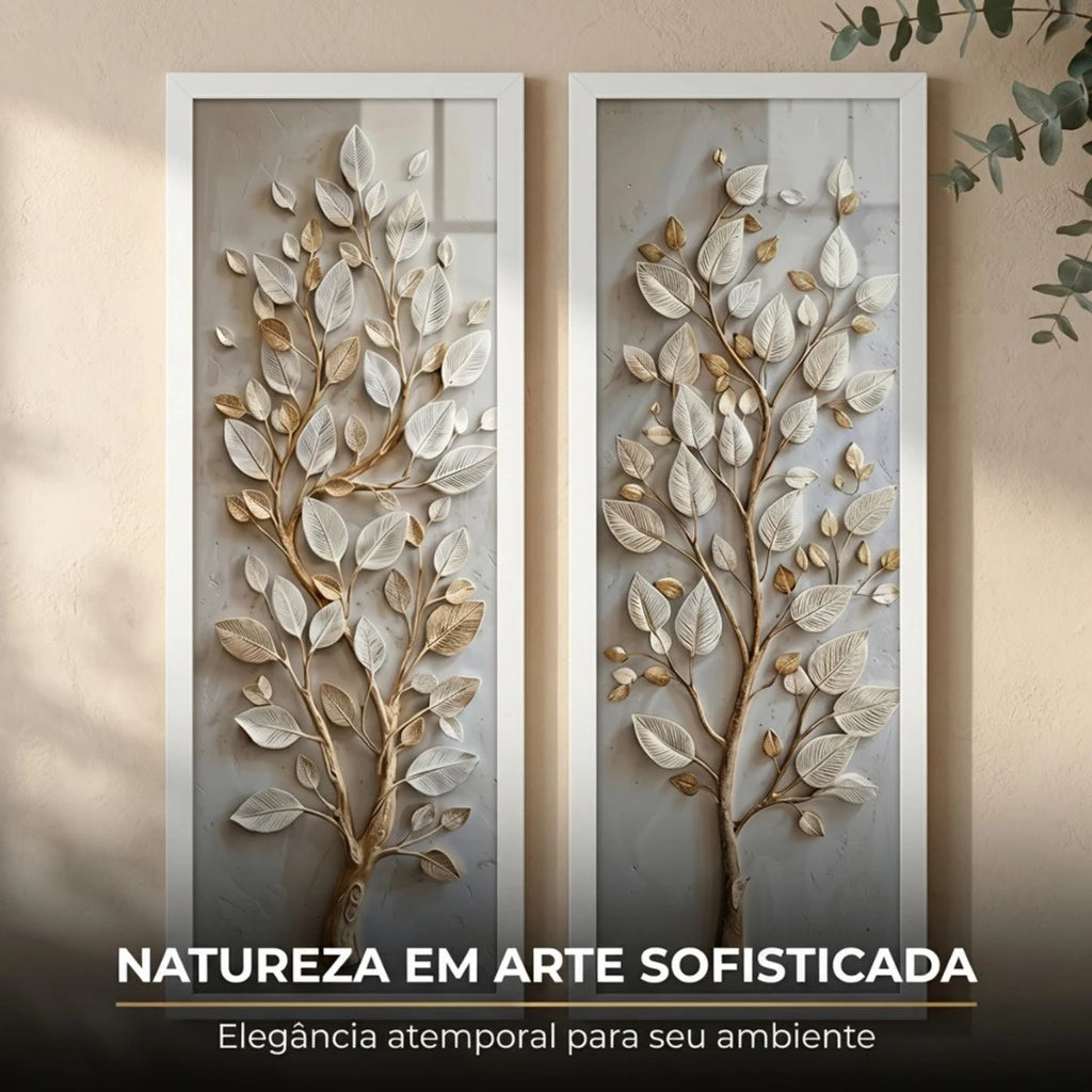 Kit 2 Quadros Verticais Árvore com Folhas Douradas 18x45 cm com Moldura e Vidro — composição principal
