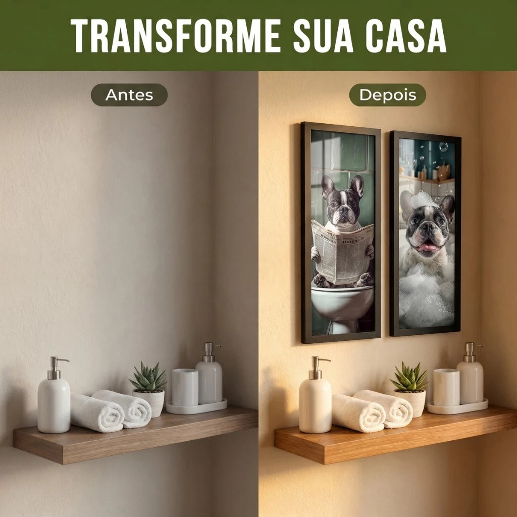 Kit 2 Quadros Verticais Bulldog Francês no Banheiro 18x45 cm com Moldura e Vidro — visualização 3