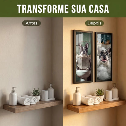 Kit 2 Quadros Verticais Bulldog Francês no Banheiro 18x45 cm com Moldura e Vidro — visualização 3