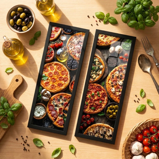 Kit 2 Quadros Verticais Pasta Italiana Vintage 18x45 cm com Moldura e Vidro — composição principal
