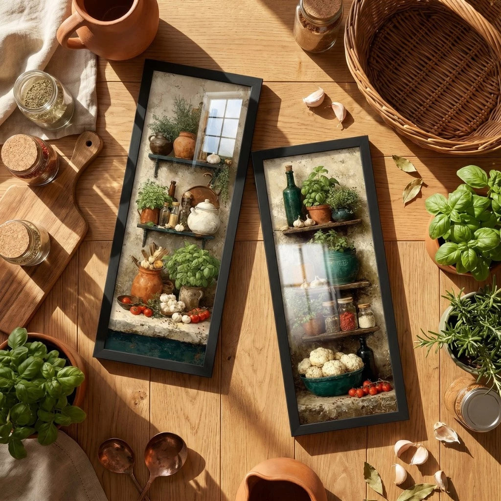Kit 2 Quadros Verticais Cozinha Vintage Temperos e Legumes 18x45 cm com Moldura e Vidro — composição principal