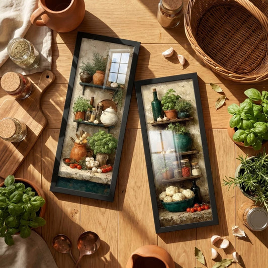 Kit 2 Quadros Verticais Cozinha Vintage Temperos e Legumes 18x45 cm com Moldura e Vidro — composição principal