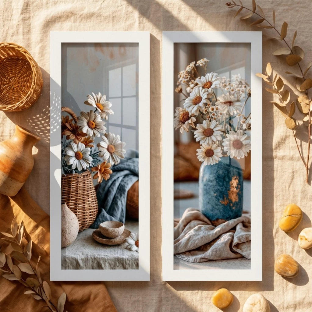 Kit 2 Quadros Verticais Margaridas Brancas no Vaso 18x45 cm com Moldura e Vidro — composição principal